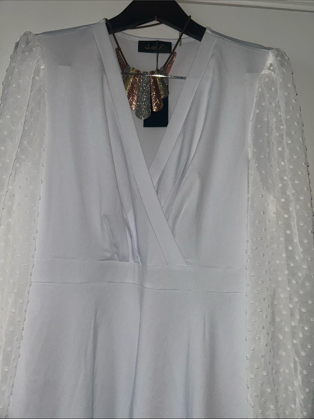 Seta T elegant NWT White V-Neck Midi Dress with Sheer Dot Sleeves size XL